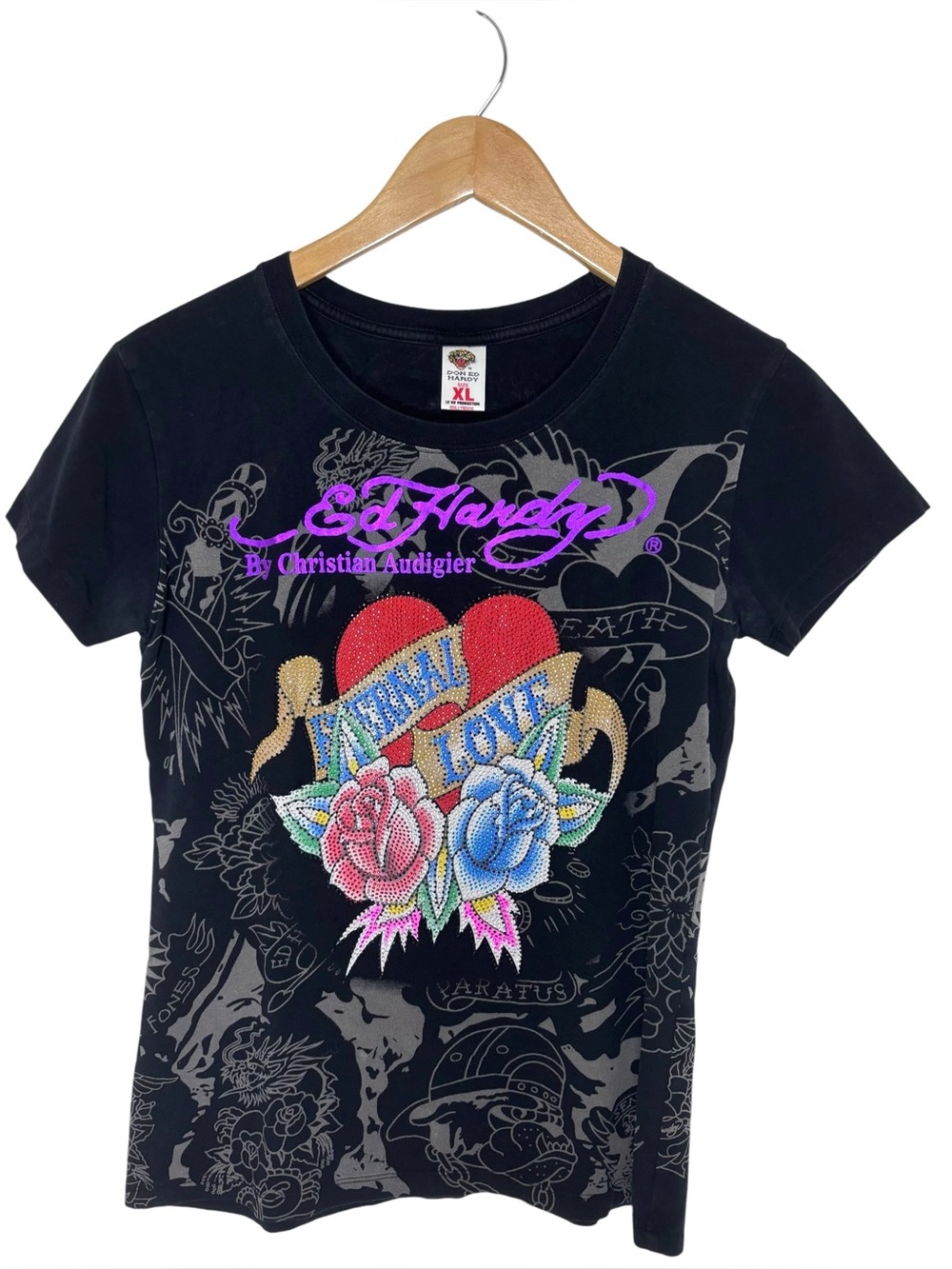 Vintage Y2K Ed Hardy Eternal Love Rhinestone Tattoo Tee XL USA